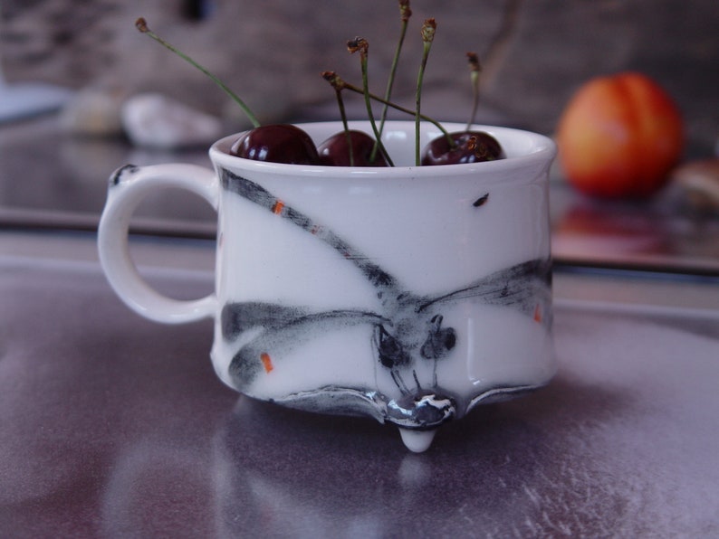 Handmade Stoneware Dragonfly Coffee Mug Unique Teacup 300ml Wheel Thrown Pottery Danko Artistic Mug White Black Orange Gift Mug image 8