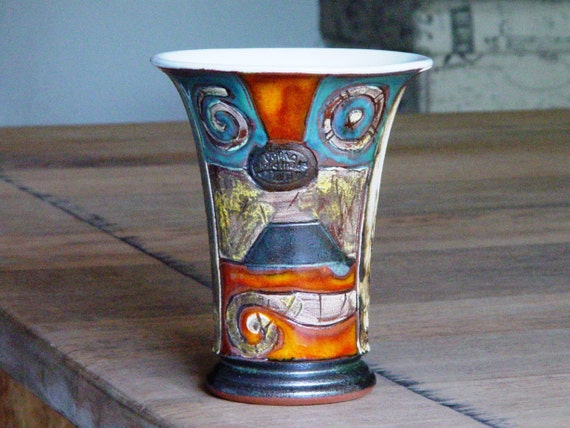 Handmade Pottery Mug for Cold Drinks - Ceramic Tumbler with Unique Hand Painted Decoration - Colorful Wine Goblet - Water Glass - Danko