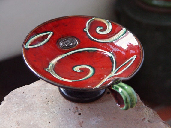 Handmade Ceramic Candle Holder - Red and Green Glazes - Festive Table Centerpiece - Wheel Thrown Tea-Light Holder - Unique Pottery Decor