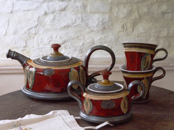 Hand Painted Red Ceramic Tea Set - Unique Pottery Gift for Wedding or Anniversary - Christmas Coffee Set, Glossy and Matte - Home Decor