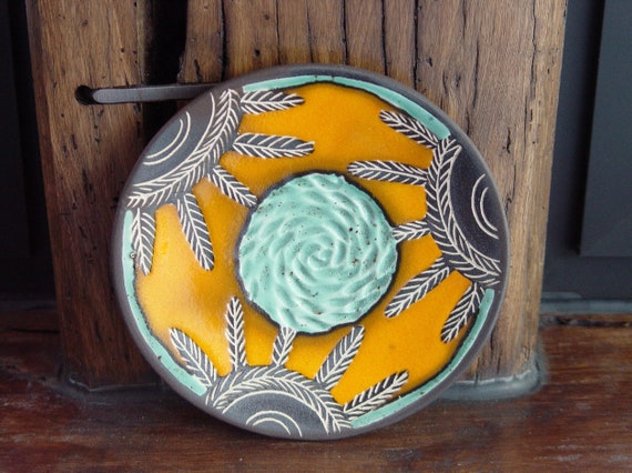 Wall Hanging Handbuilt Colorful Ceramic Plate, Pottery Stoneware Dish, Side Plate, Small Joyful Serving Platter, Collectible Pottery Tray