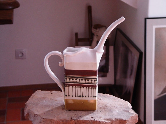 Handmade Stoneware Carafe with Handpainted Ethnic Design and Long Spout - Unique Ceramic Pitcher - Clay Decanter - Artistic Gift Bottle