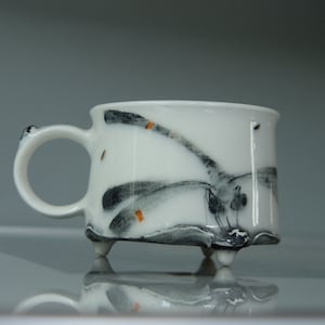 Handmade Stoneware Dragonfly Coffee Mug Unique Teacup 300ml Wheel Thrown Pottery Danko Artistic Mug White Black Orange Gift Mug image 1