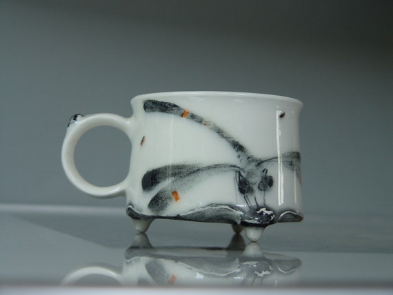 Handmade Stoneware Dragonfly Coffee Mug - Unique Teacup - 300ml Wheel Thrown Pottery - Danko Artistic Mug - White Black Orange - Gift Mug