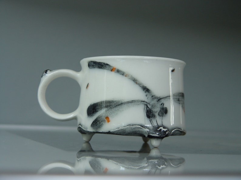 Handmade Stoneware Dragonfly Coffee Mug Unique Teacup 300ml Wheel Thrown Pottery Danko Artistic Mug White Black Orange Gift Mug image 1