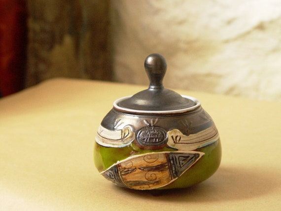 Handmade Ceramic Sugar Bowl, Green & Ochre, Bulgarian Motifs, Glossy-Matte Finish, Unique Coffee Set, Kitchen Decor