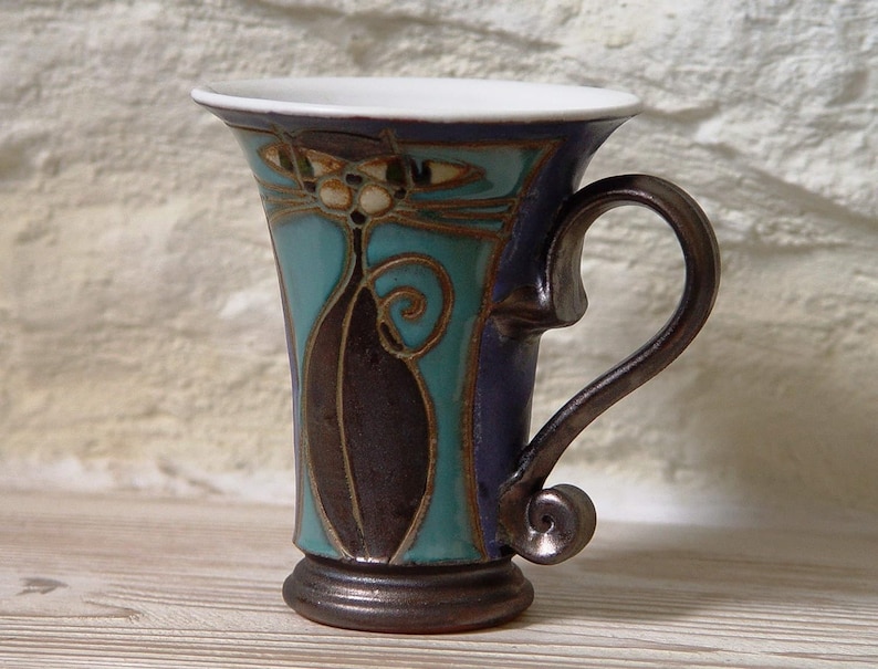 Handmade Cat Mug Unique Pottery Coffee Mug Christmas Gift Blue Ceramic Mug Ready to Ship Kitchen & Dining Decor image 8