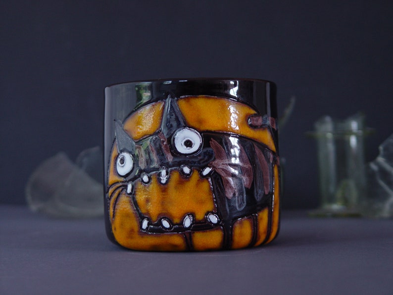 Funny Cat Tumbler Orange and Black Handmade Ceramic Goblet Spooky 12 oz Mug Cold Drinks Mug image 4