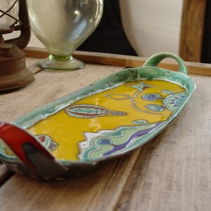 Handmade Ceramic Platter in Bright Colors Handbuilt Pottery Tray Colorful Decoration Home Decor Ceramic Art Unique Pottery image 4