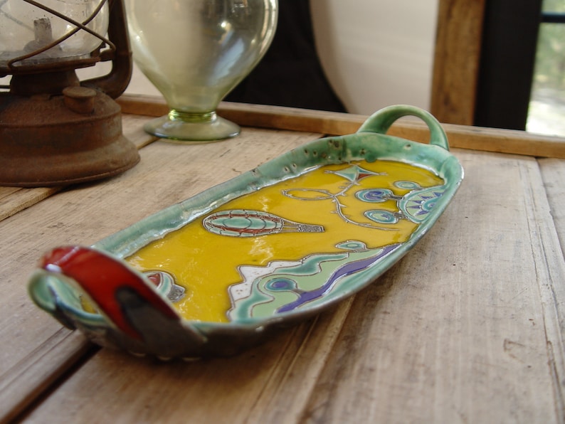 Handmade Ceramic Platter in Bright Colors Handbuilt Pottery Tray Colorful Decoration Home Decor Ceramic Art Unique Pottery image 4