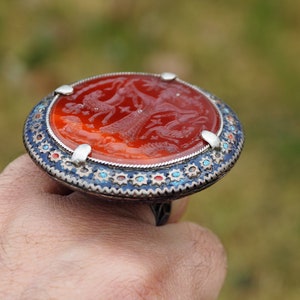 antique enamelled Multan Sindhi Jewellery Ring with carnelian seal stone from Pakistan Provinces Ghazni Afghanistan No: WL21/E