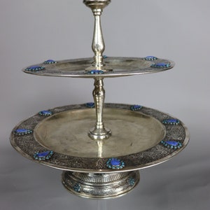 Extravagant handgearbeitete orientalische Neusilber Etagere mit Lapis lazuli und Türkis verziert aus Afghanistan mit 2 Ebenen