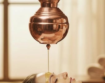 ケララ州ダーラ容器、シロダーラ真鍮チェーンバルブとノズル付き真鍮