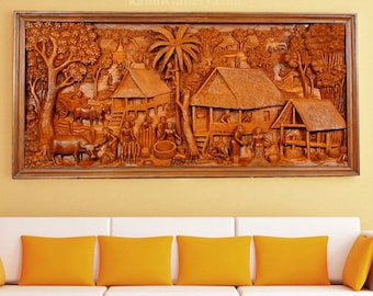 160x78 cm Ramayana madera de teca bajo relieve tallado a mano 3D Mural Tailandia pared arte escultura mural tallado en madera No: 18/metro