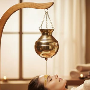 May include: A wooden stand with the text Kabul Gallery printed on the side supports a hanging brass vessel. The vessel is suspended by chains and drips oil onto the forehead of a person lying on a massage table. The setup is for an Ayurvedic treatment.