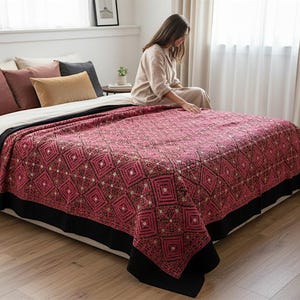 silk embroidered Pulkari  Pakistan bedroom shawl, Bed coverlet bedspread sofa cover Swat Valley Shawl Textile Embroidery Afghanistan Black