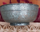 Antique Engraved Large islamic Tinned Copper Bowl, 18 19th C. from Afghanistan No 18 9