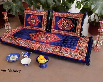 Set of 3 Pcs  1x floor cushion+2x cushions orient Afghan pillow rug seat floor cushion 1001-night Seating arabic majlis Toshak توشک Blue- 23