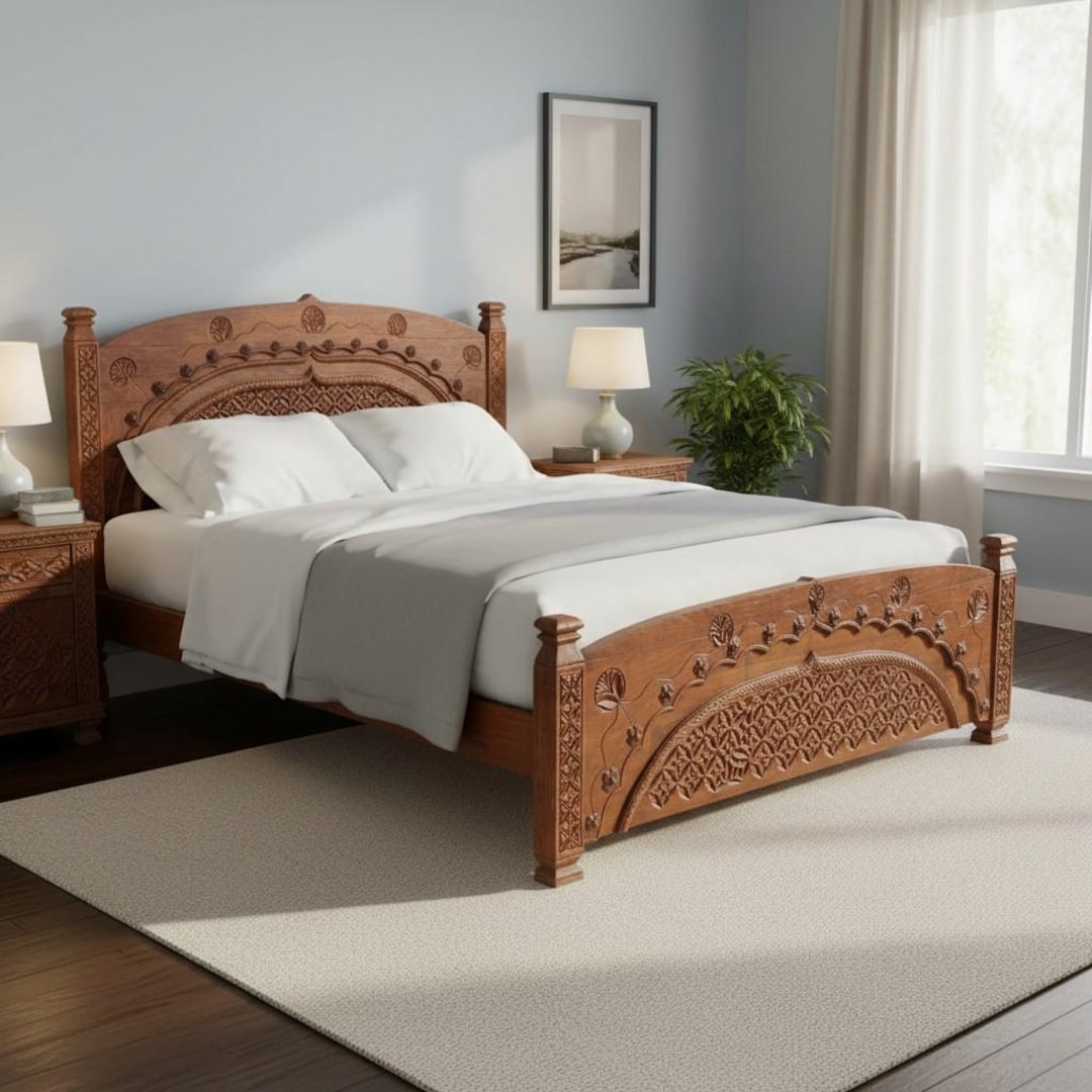 Antique Orient Vintage Cedar Wood Bed From Swat Valley-pakistan No