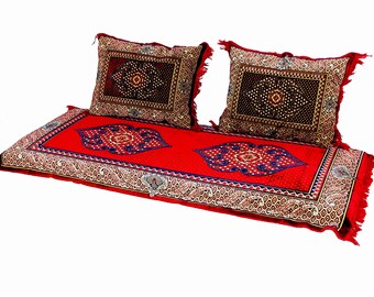Set of 3 Pcs  1x floor cushion+2x cushions orient Afghan pillow rug seat floor cushion 1001-night Seating arabic majlis Toshak توشک Red- C