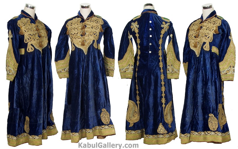 Antique Hazara Womens velvet gown, adorned with couched gold thread. image 10