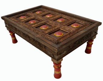 120 x 80 cm vintage en bois massif décoré table à thé orientale table d'appoint table basse table de salon d'Afghanistan Punjab Pakistan No-PJ