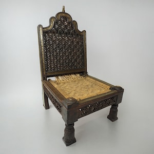 Very rarely and unique Antique vintage 19th century  Indian Rajistan  Tribal Hand-Carved Teak Traditional tribal Pida Low Chair