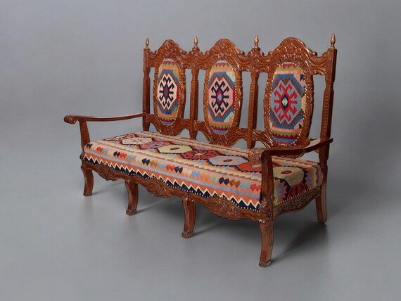 2er Set orientalische luxuriöse orient 3 sitzer Sessel sofa Bank Stuhl Couch mit Tisch couchtisch Wohnzimmertisch und kelim Polsterung