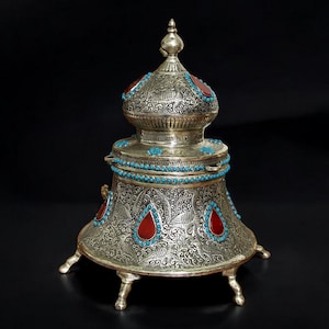 Extravagant handgearbeitete orientalische islamische Neusilber büchse Schmuckdose schatulle Truhe  verziert aus Afghanistan 01