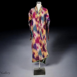 antique hand embroidered nomadic Turkmen Uzbek Afghan Ethnic ikat silk Chapan coat Chirpy Green  No-18-37