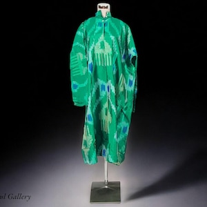 hand embroidered nomadic Turkmen Uzbek Afghan Ethnic ikat silk Chapan coat Chirpy Green  No-18-29