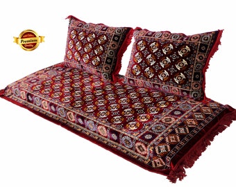 Set of 3 Pcs  1x floor cushion+2 x cushions orient Afghan pillow rug seat floor 1001-night Seating arabic majlis Toshak توشک Red- premium