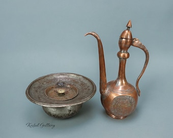 COPPERBOWL☆貴重なインディアン銅貨柄七宝製☆1941モデル Antique Engraved Copper Ewer Pitcher & Basin Set From Afghanistan