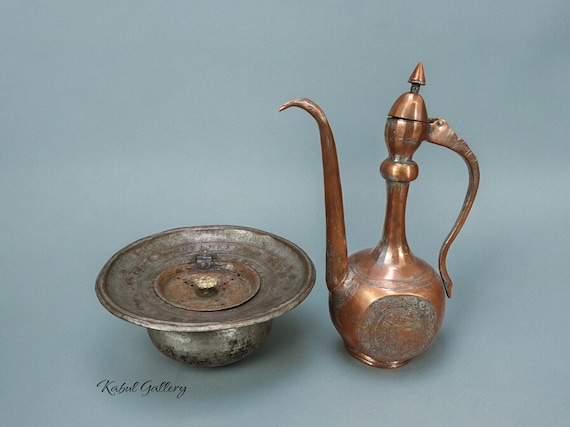 COPPERBOWL☆貴重なインディアン銅貨柄七宝製☆1941モデル Antique Engraved Copper Ewer Pitcher & Basin Set From Afghanistan