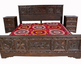 3-tlg schlafzimmer Set orient handgeschnitzt Massivholz Bett doppelbett mit 2 Nachtkommoden aus Nuristan Afghanistan 23/B