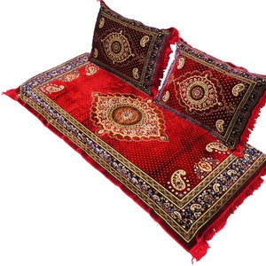 3er Set 1x Sitzkissen 2 Kissen handgefertigt sitzkissen Teppich Orient Sitzecke majlis Sofa Bodenkissen Sitzgruppe Afghan Toshak توشک Rot21 with filling