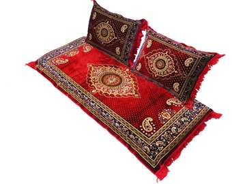 3er Set 1x Sitzkissen +2 Kissen handgefertigt sitzkissen Teppich Orient Sitzecke majlis Sofa Bodenkissen Sitzgruppe Afghan Toshak توشک Rot21