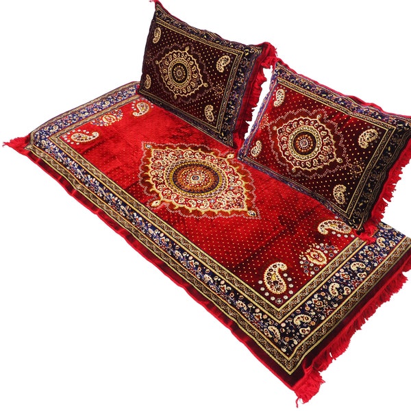 Set of 3 Pcs  1x floor cushion+2x cushions orient Afghan pillow rug seat floor cushion 1001-night Seating arabic majlis Toshak توشک   Red-21
