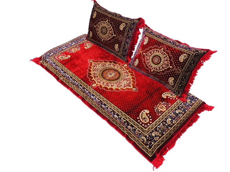 3er Set 1x Sitzkissen 2 Kissen handgefertigt sitzkissen Teppich Orient Sitzecke majlis Sofa Bodenkissen Sitzgruppe Afghan Toshak توشک Rot21 with filling