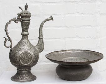 antiguo sólido cobre islámico de dos piezas juego de lavado jarra y cuenca de Afganistán No:18/A