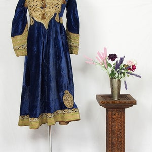 Antique Hazara Womens velvet gown, adorned with couched gold thread. image 2