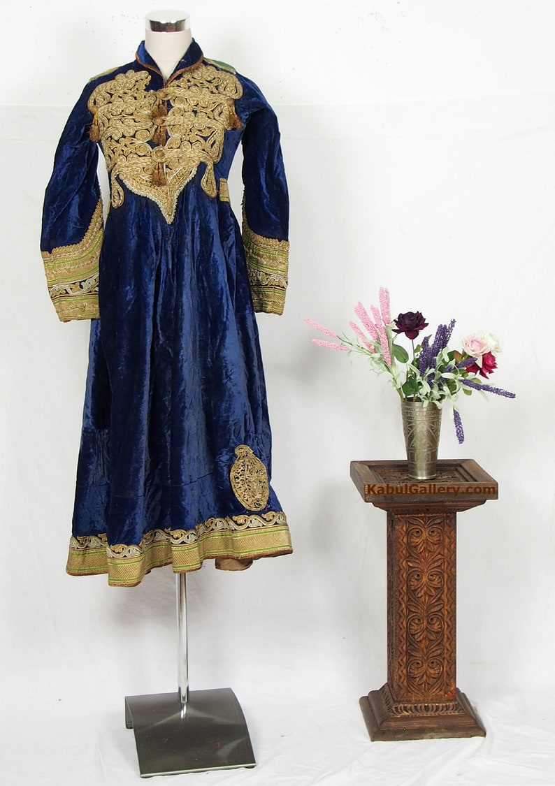 Antique Hazara Womens velvet gown, adorned with couched gold thread. image 2