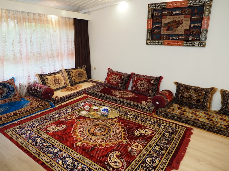 3er Set 1x Sitzkissen 2 Kissen handgefertigt Afghan sitzkissen Teppich Orient Sitzecke majlis Sofa Bodenkissen Sitzgruppe توشک beige Bild 10