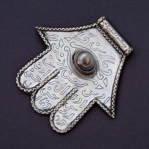vintage islamische orient Amulett Talisman Anhänger hand Fatima  anhänger Hamsa Khamsa mit Augenachat aus Afghanistan handarbeit (Neusilber)