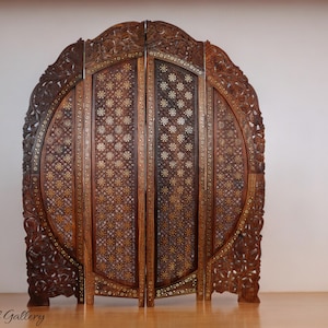 exclusive orient vintage wooden partition double-sided Teak Wood Brass Inlay 4 Panel Room Divider Folding Screen