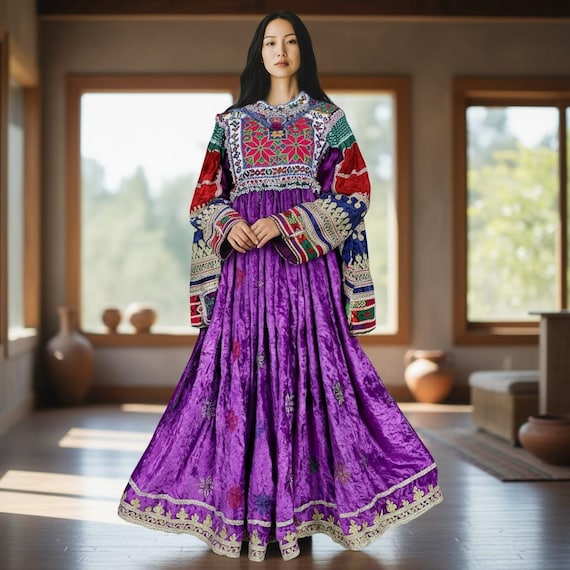 Antique Hand Embroidered Nomadic Kuchi Ethnic Velvet Wedding Dress from Afghanistan No-23WL/4
