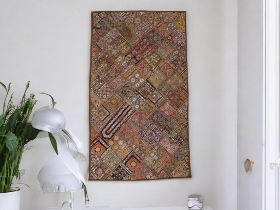 Wall Hangings Wall Décor Golden Vintage Indian Sari Patchwork Tapestry