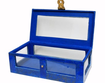Hand Crafted stunning genuine Lapis Lazuli Gemstone Glass Jewellery Box Showcase  brass decorated Afghanistan No:18/A