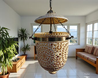 very large Glass brass and metal etched Mosaic  Bell Jar Pendant lamp and  Shown in standard antiqued bronze finish lamp No-9