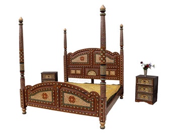 3-tlg schlafzimmer Set orient handbemalt Massivholz Bett doppelbett mit 2 Nachtkommoden mit Mogul Miniaturmalerei aus Pakistan MGL